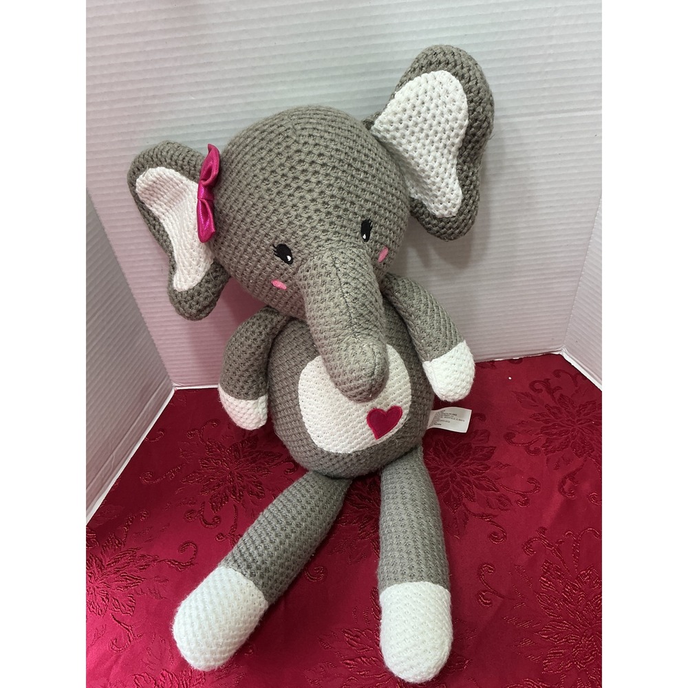 Walgreens Crochet Plush Elephant Grey White Pink Bow Heart Stuffed Animal Toy